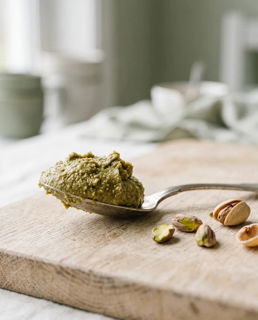 Crema de pistacho en una cucharilla