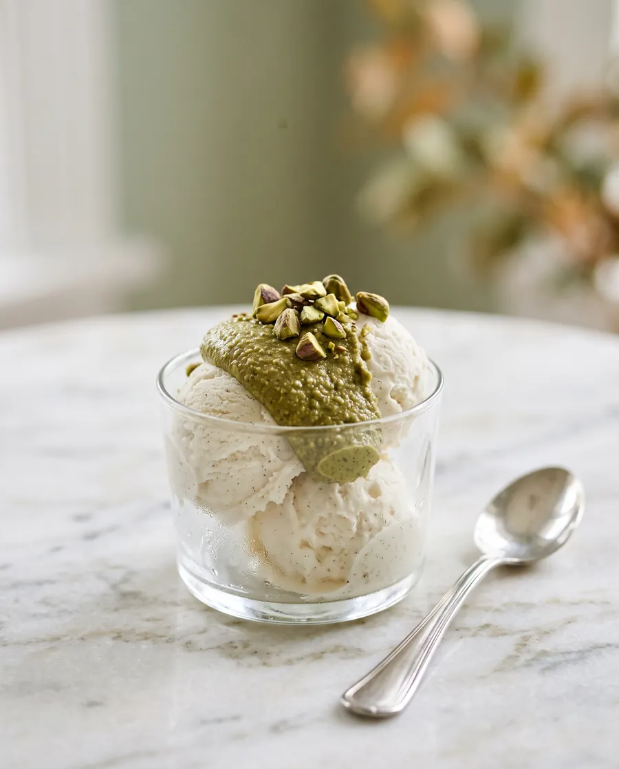 Helado de vainilla con crema de pistacho y pistachos troceados